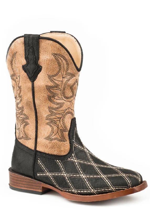 Roper Youth Boys Black/Tan Faux Leather Cross Cut Cowboy Boots